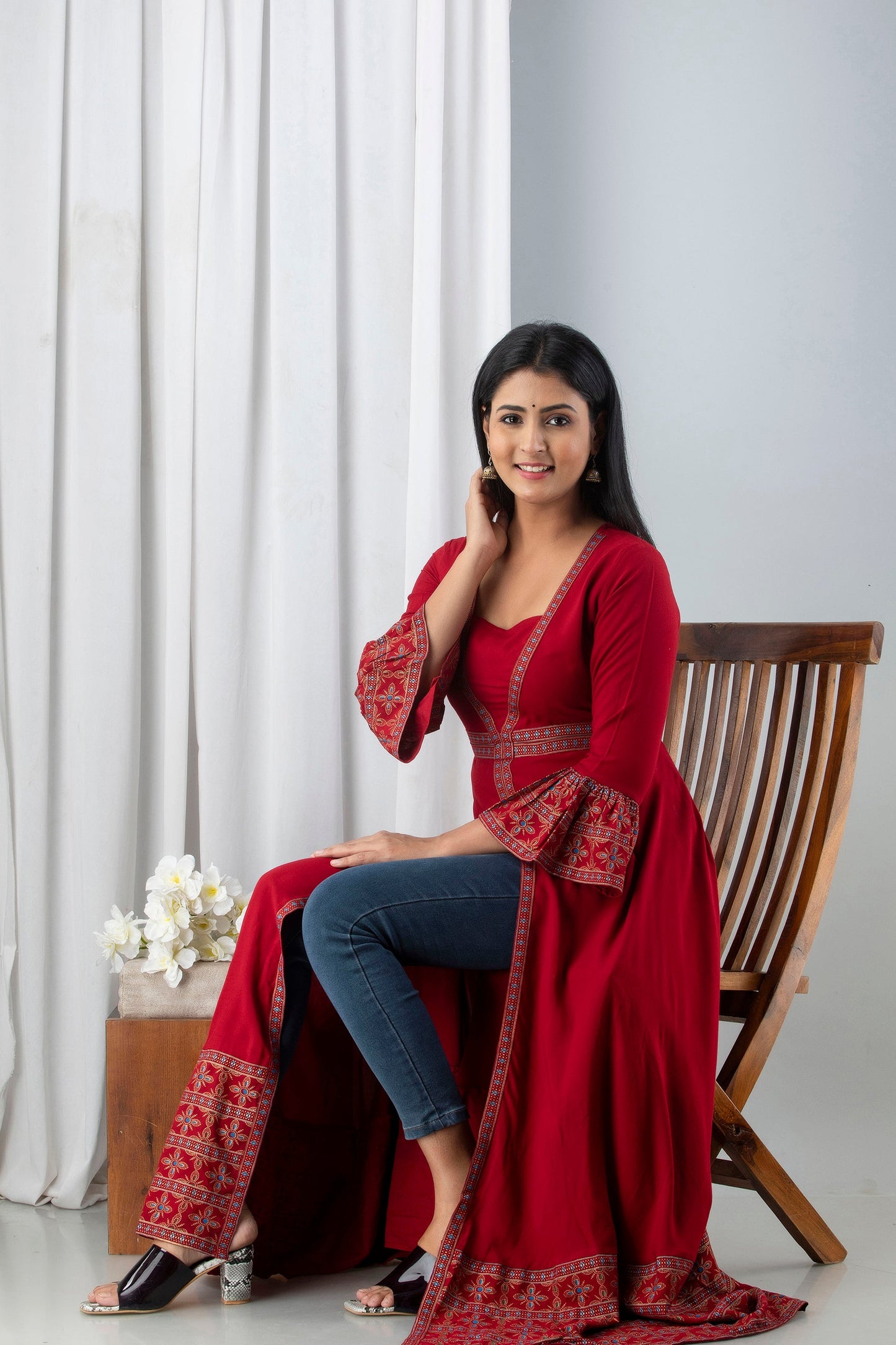 Anam jaipuri Red Open Front Designer Festive Wear Long Kurta