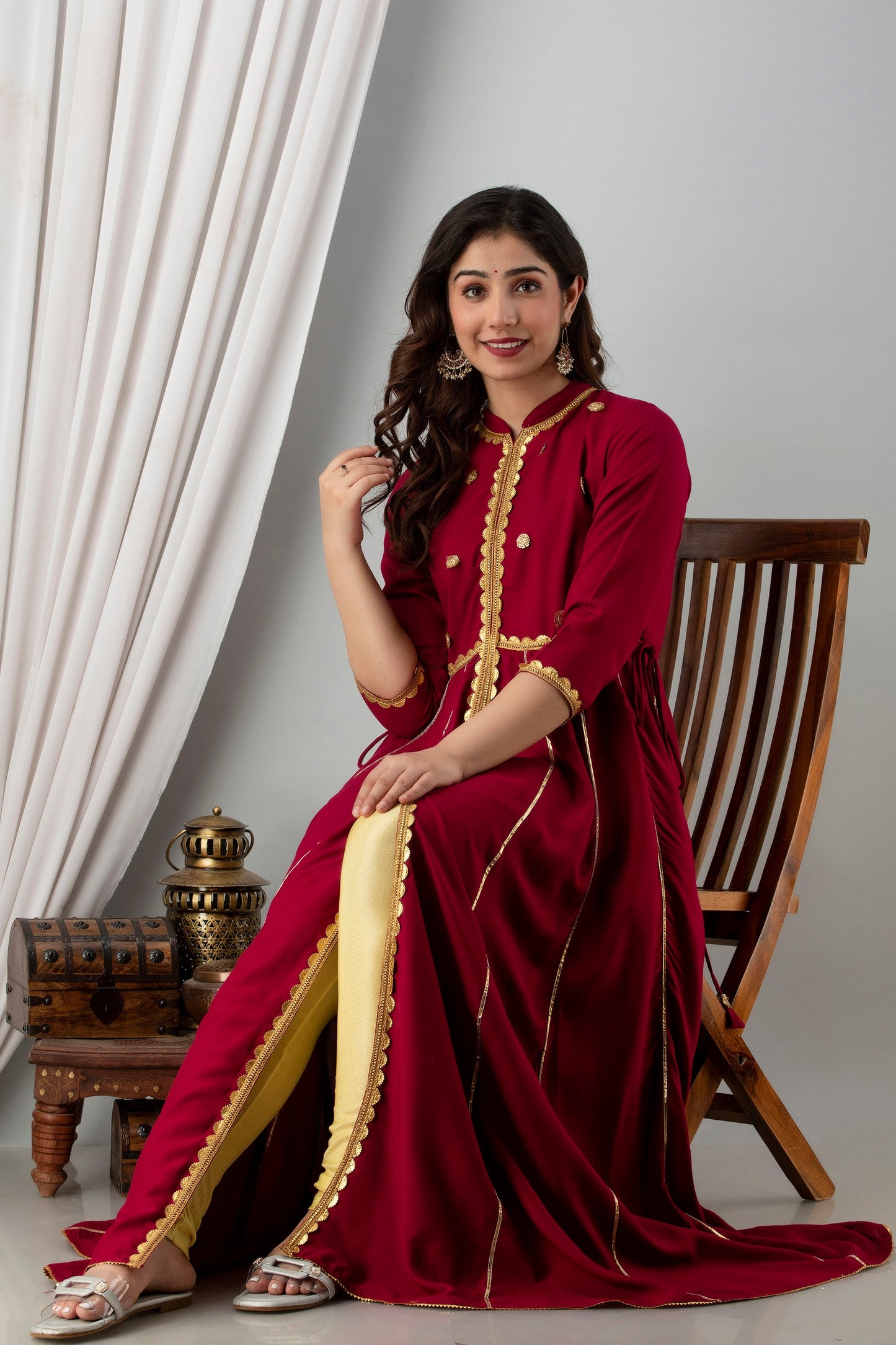 Anam jaipuri Maroon Gotta Patti Open Front Festive Party Wear Long Flared Kurta