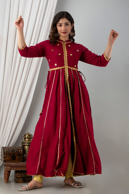 Anam jaipuri Maroon Gotta Patti Open Front Festive Party Wear Long Flared Kurta