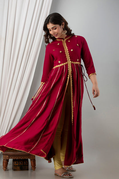 Anam jaipuri Maroon Gotta Patti Open Front Festive Party Wear Long Flared Kurta