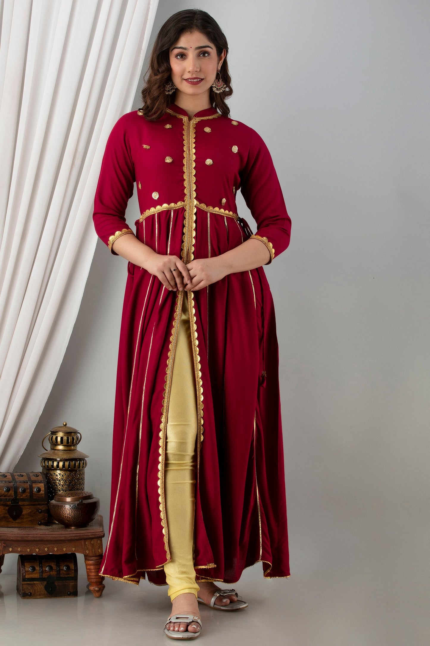 Anam jaipuri Maroon Gotta Patti Open Front Festive Party Wear Long Flared Kurta