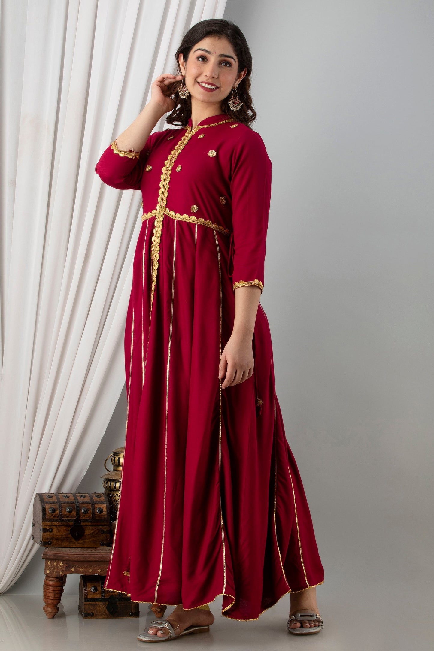 Anam jaipuri Maroon Gotta Patti Open Front Festive Party Wear Long Flared Kurta