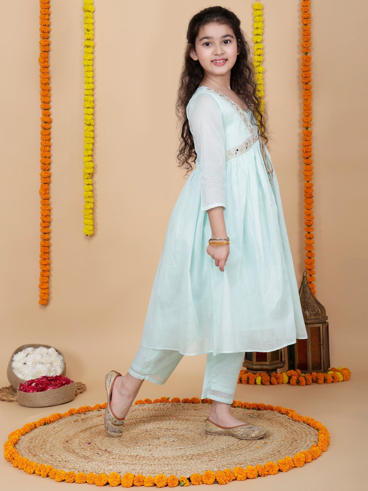 Girls Festive Shrug with Kurta and Pant Set in Aqua Blue