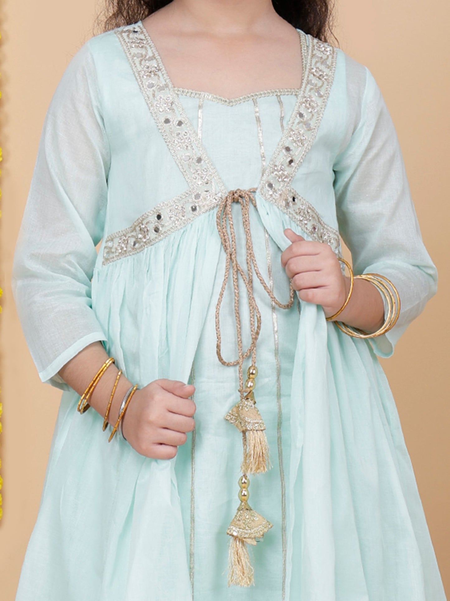 Girls Festive Shrug with Kurta and Pant Set in Aqua Blue