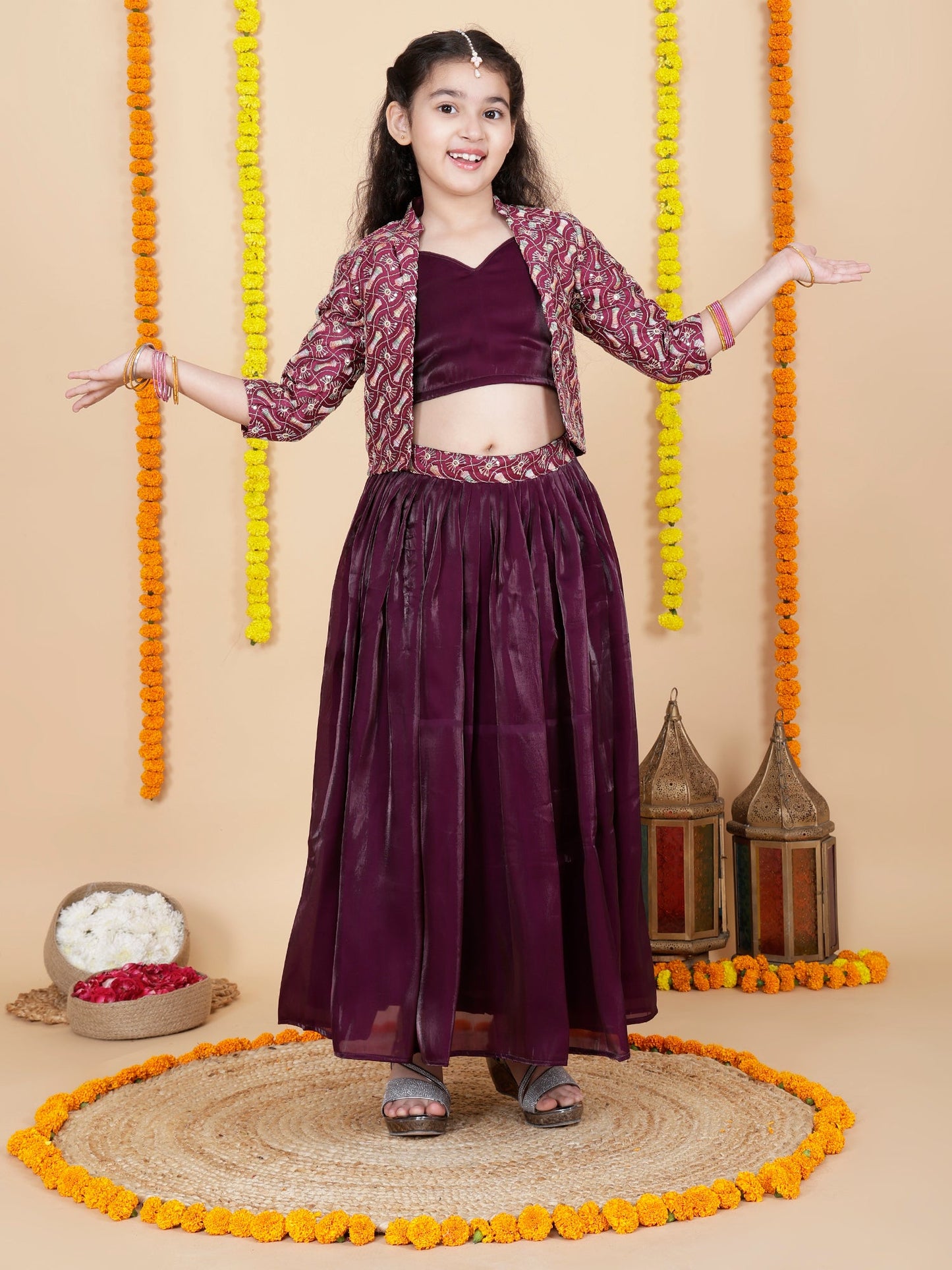 Flared Skirt and Top with Embroidered Jacket in wine