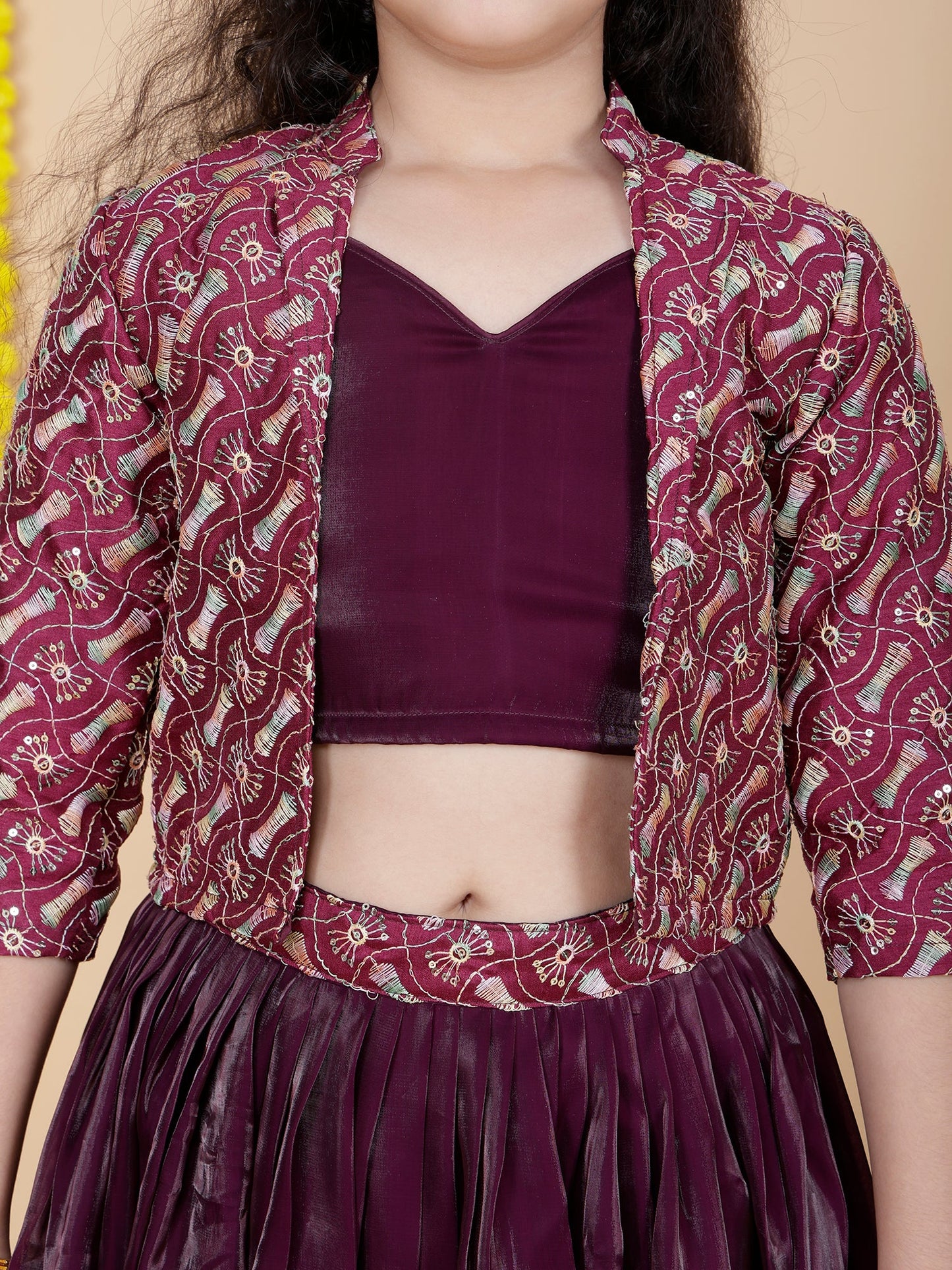 Flared Skirt and Top with Embroidered Jacket in wine