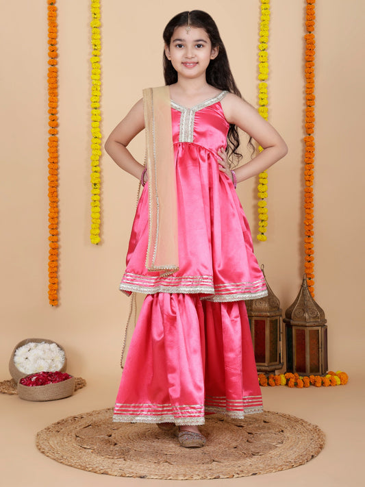 Partywear Girls Sleeveless pink Anarkali kurta with sharara Set