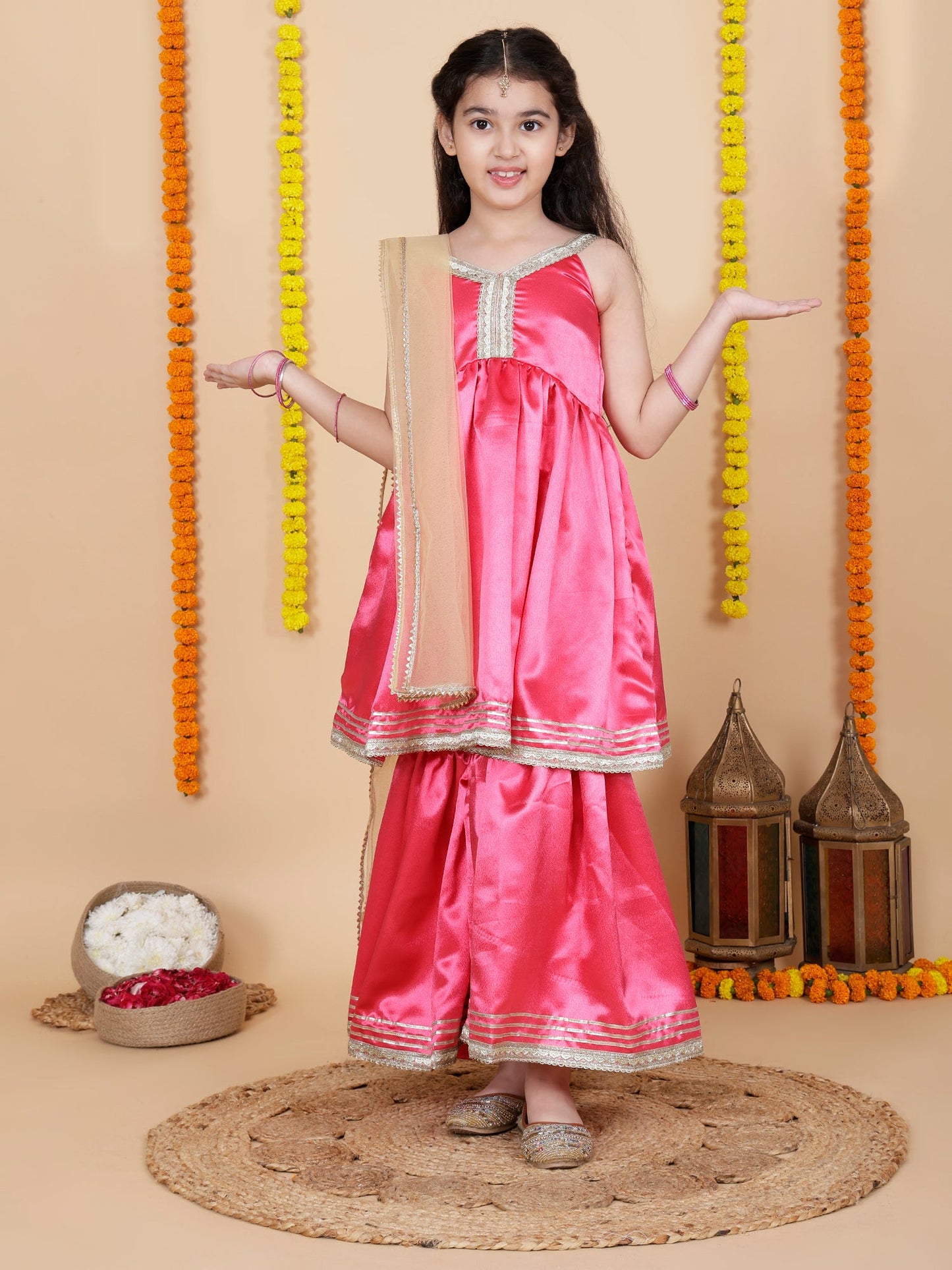 Partywear Girls Sleeveless pink Anarkali kurta with sharara Set