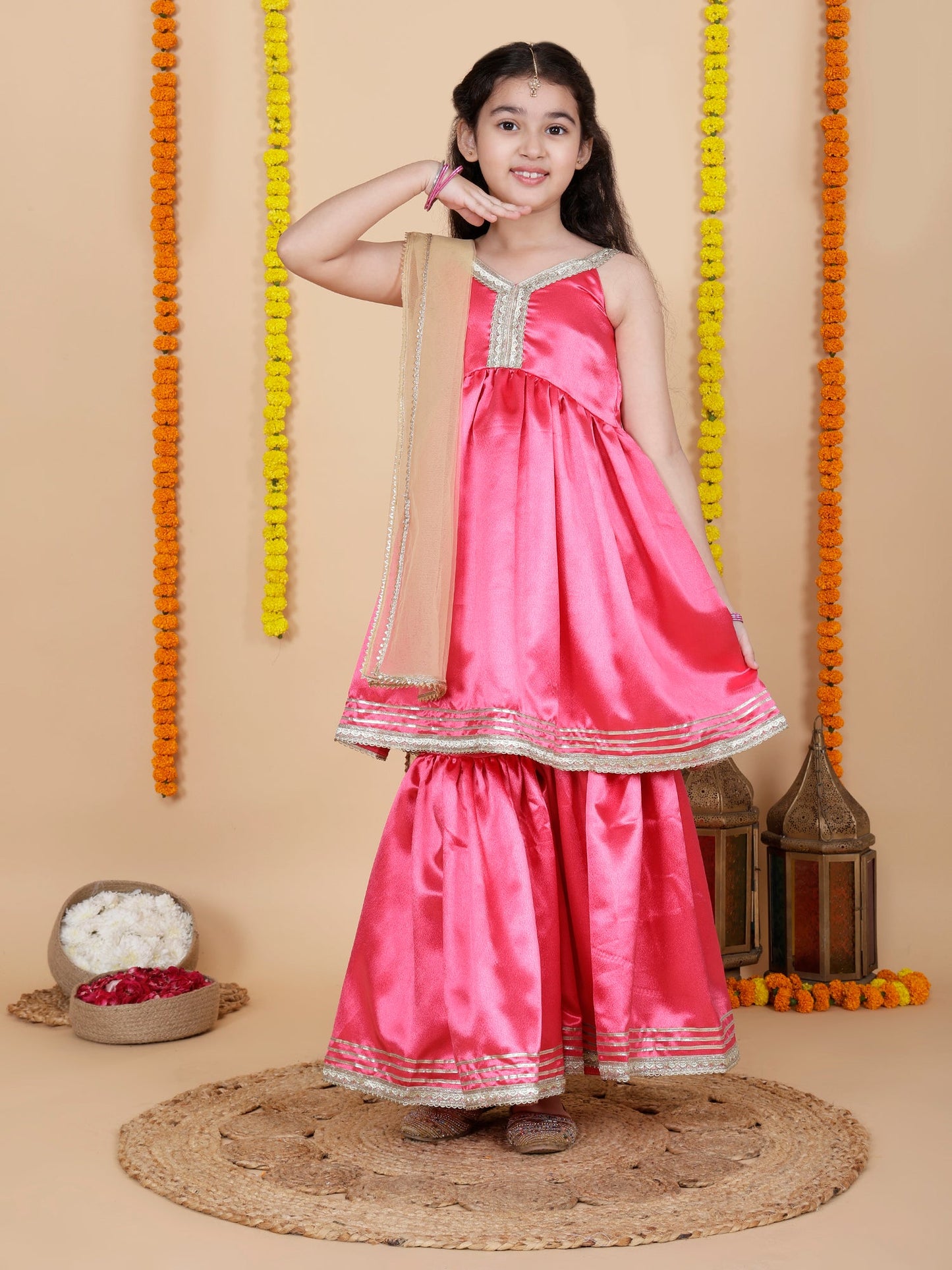 Partywear Girls Sleeveless pink Anarkali kurta with sharara Set