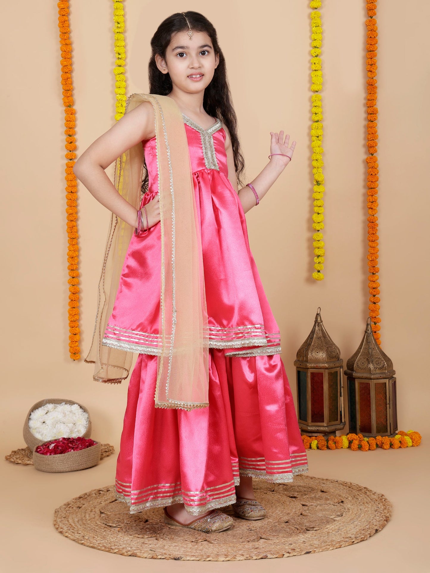 Partywear Girls Sleeveless pink Anarkali kurta with sharara Set