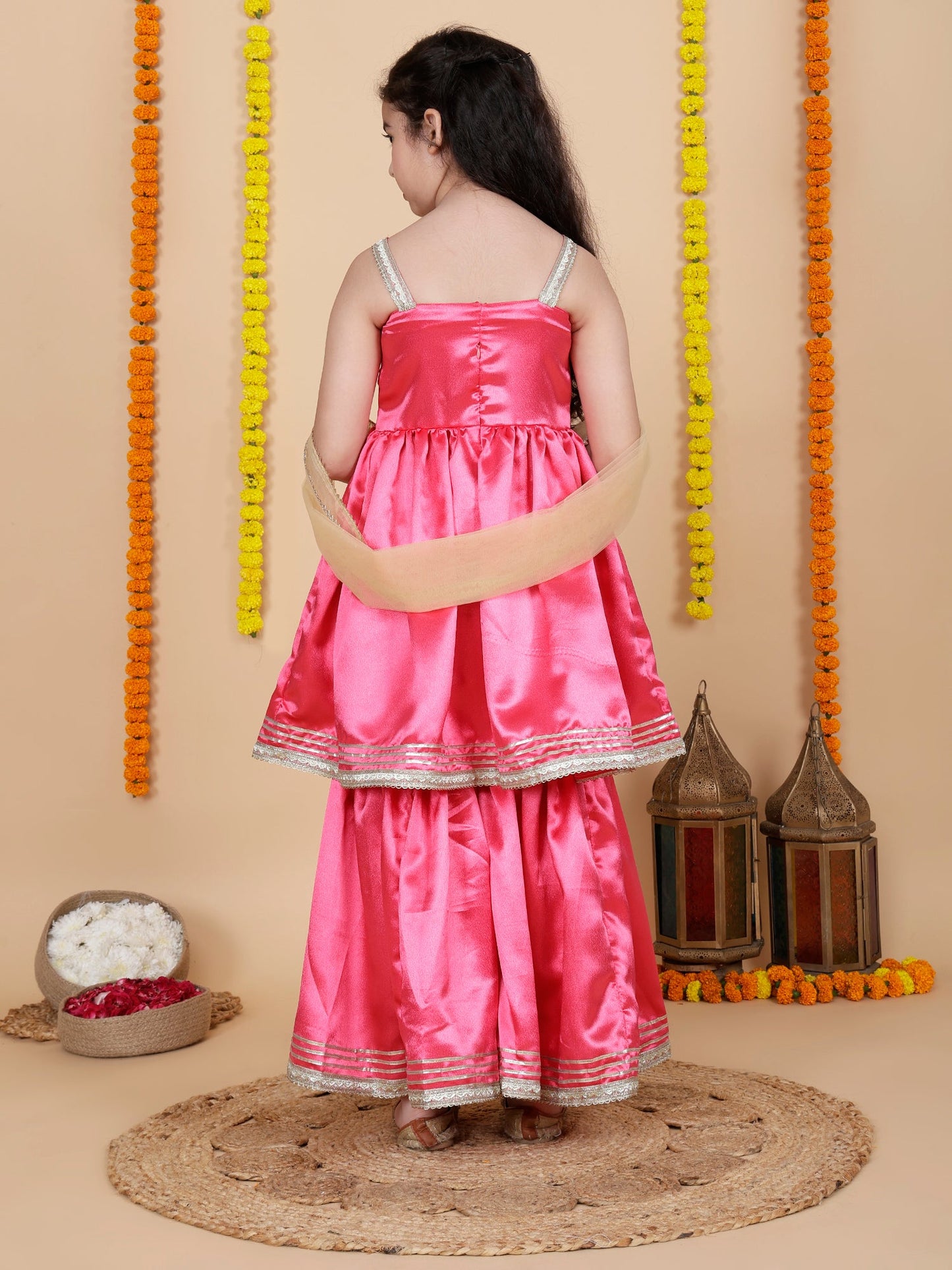 Partywear Girls Sleeveless pink Anarkali kurta with sharara Set