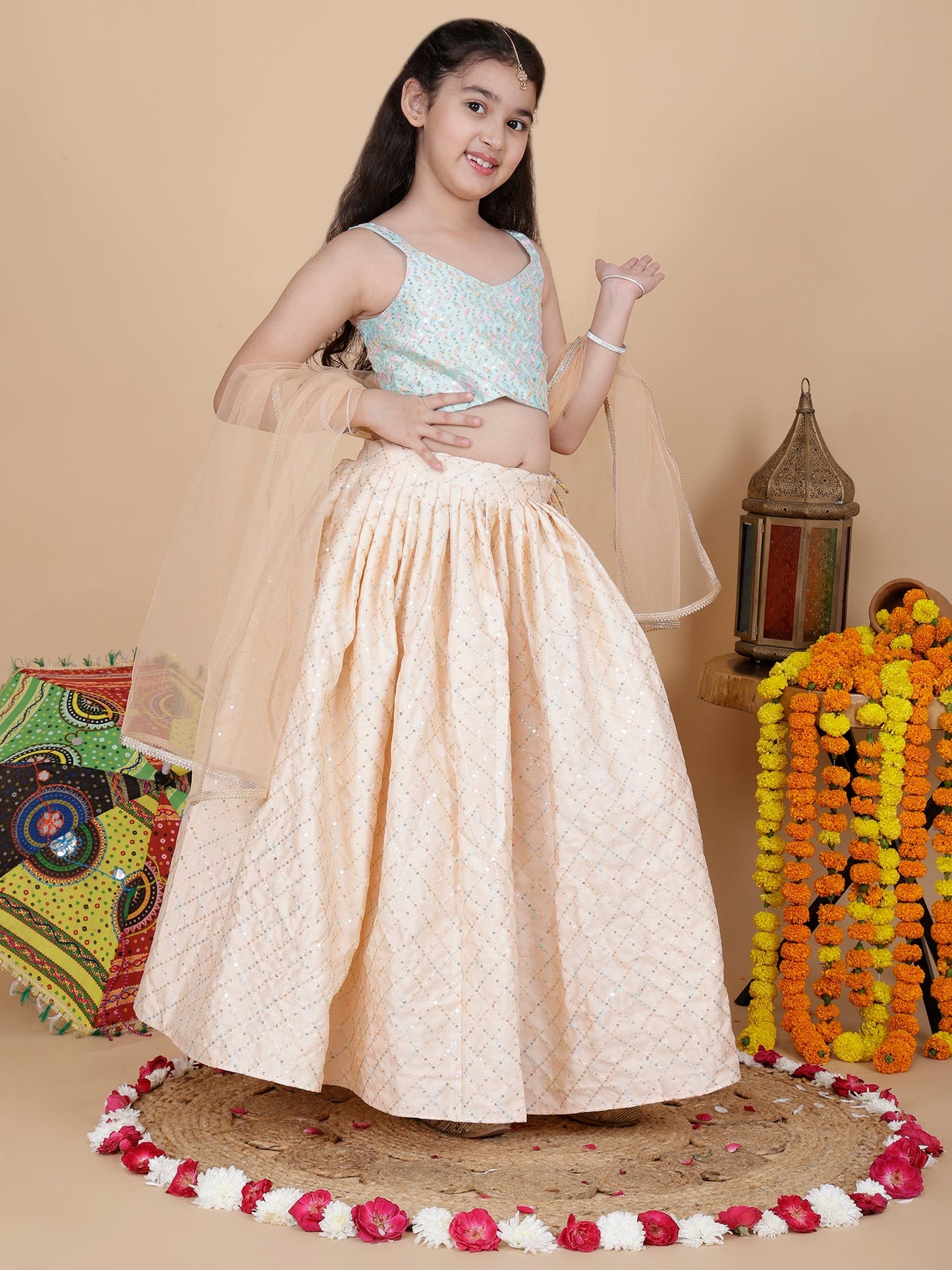 Girls Embroidered Skirt, Top, and Dupatta Set