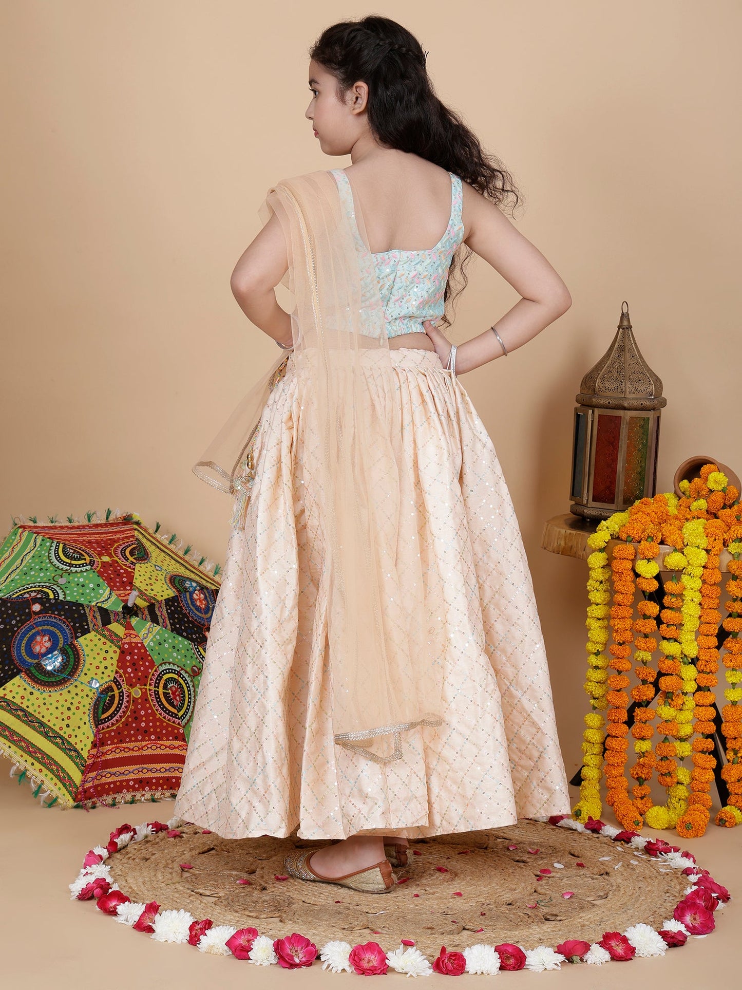 Girls Embroidered Skirt, Top, and Dupatta Set