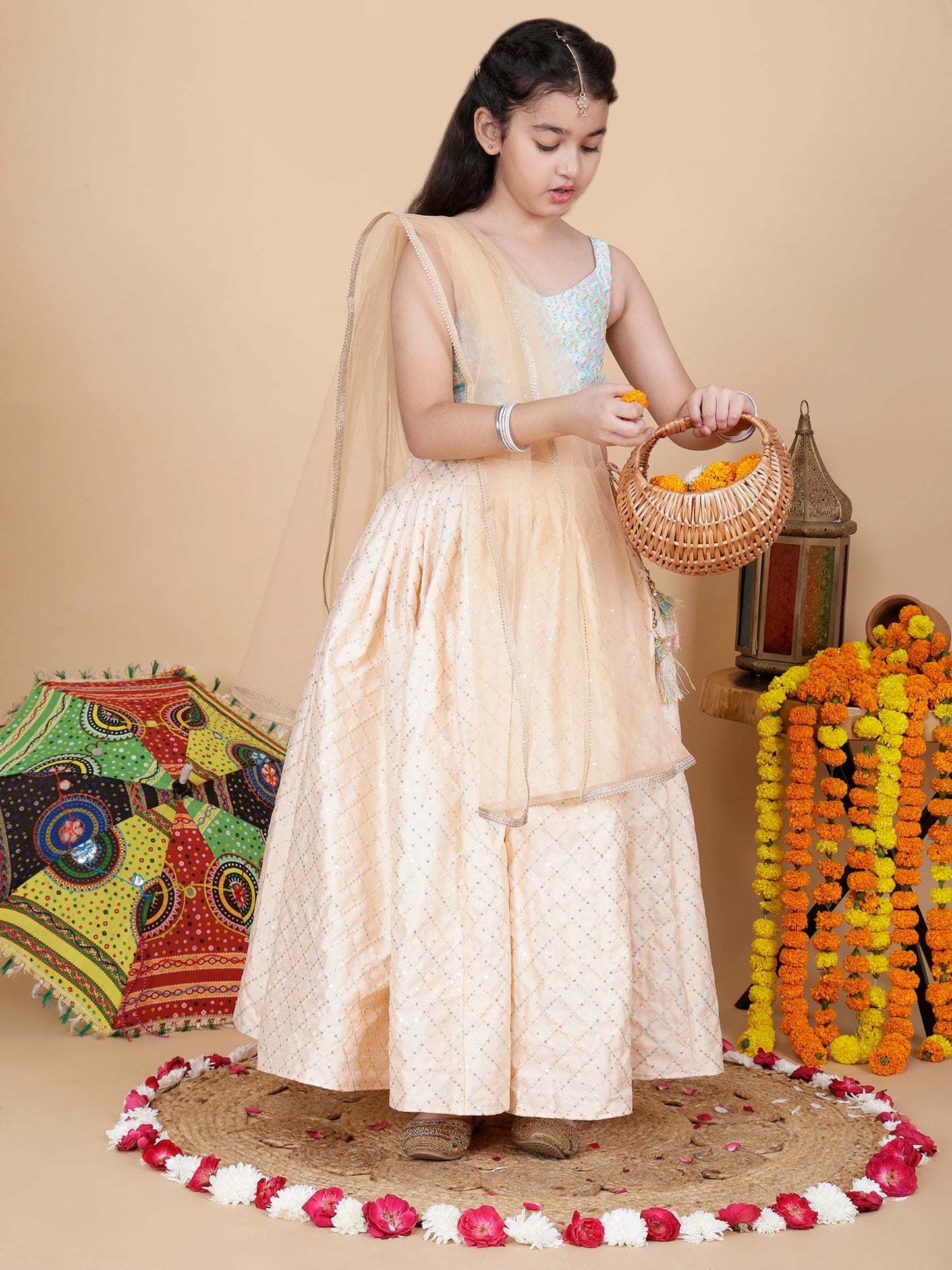 Girls Embroidered Skirt, Top, and Dupatta Set