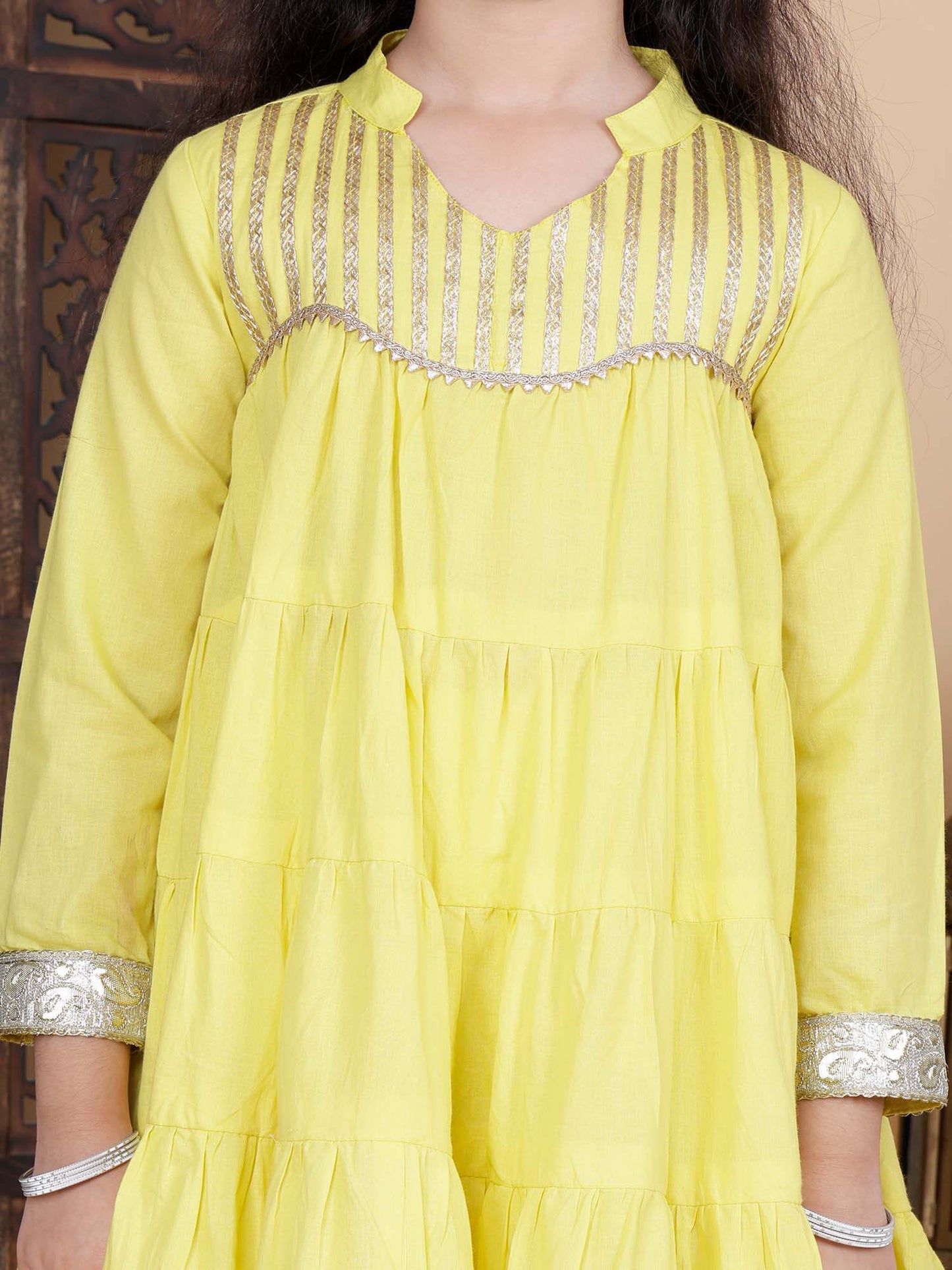 Kids Girls Festive Kurta and Churidar Set in Yellow