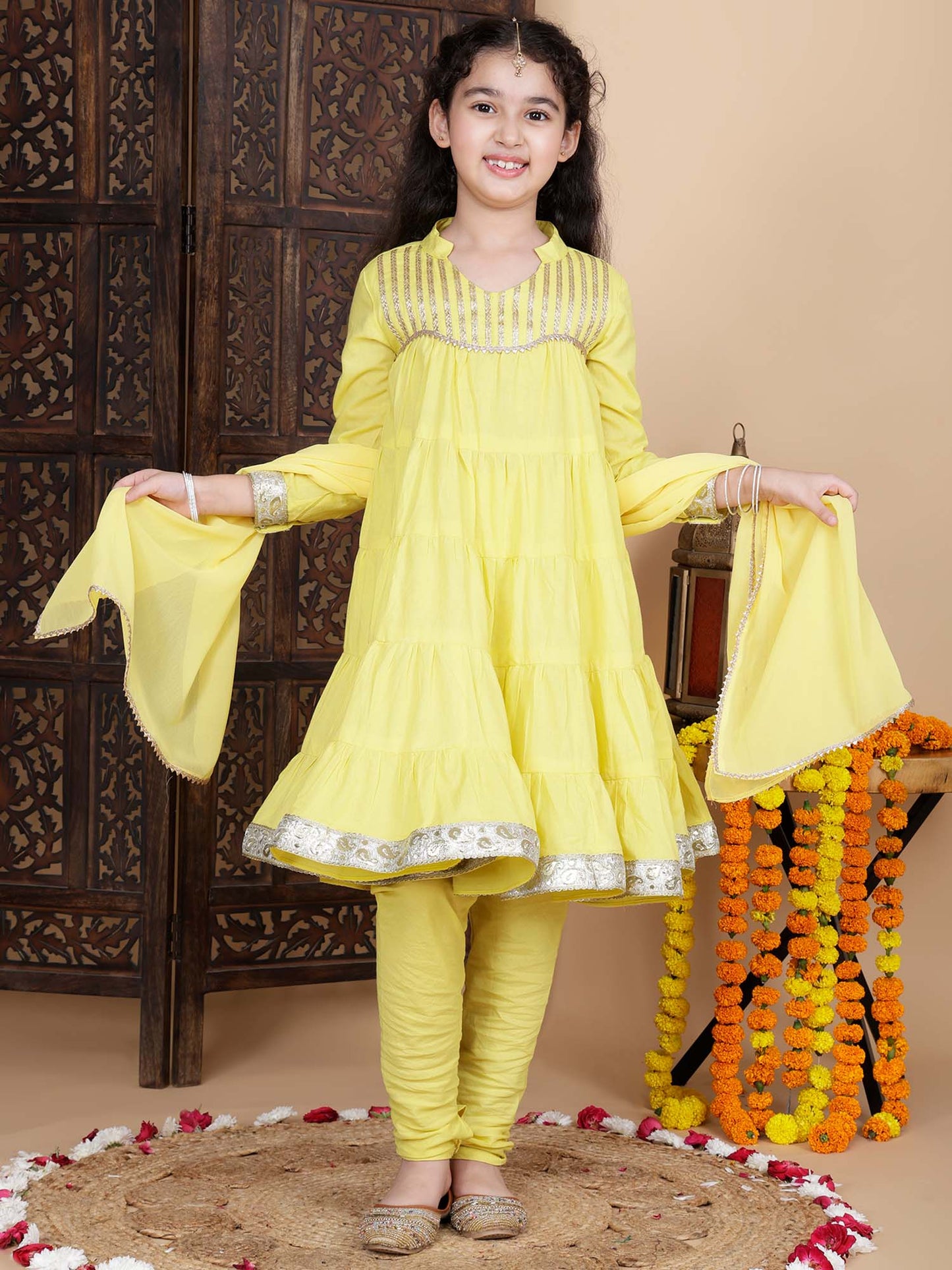 Kids Girls Festive Kurta and Churidar Set in Yellow