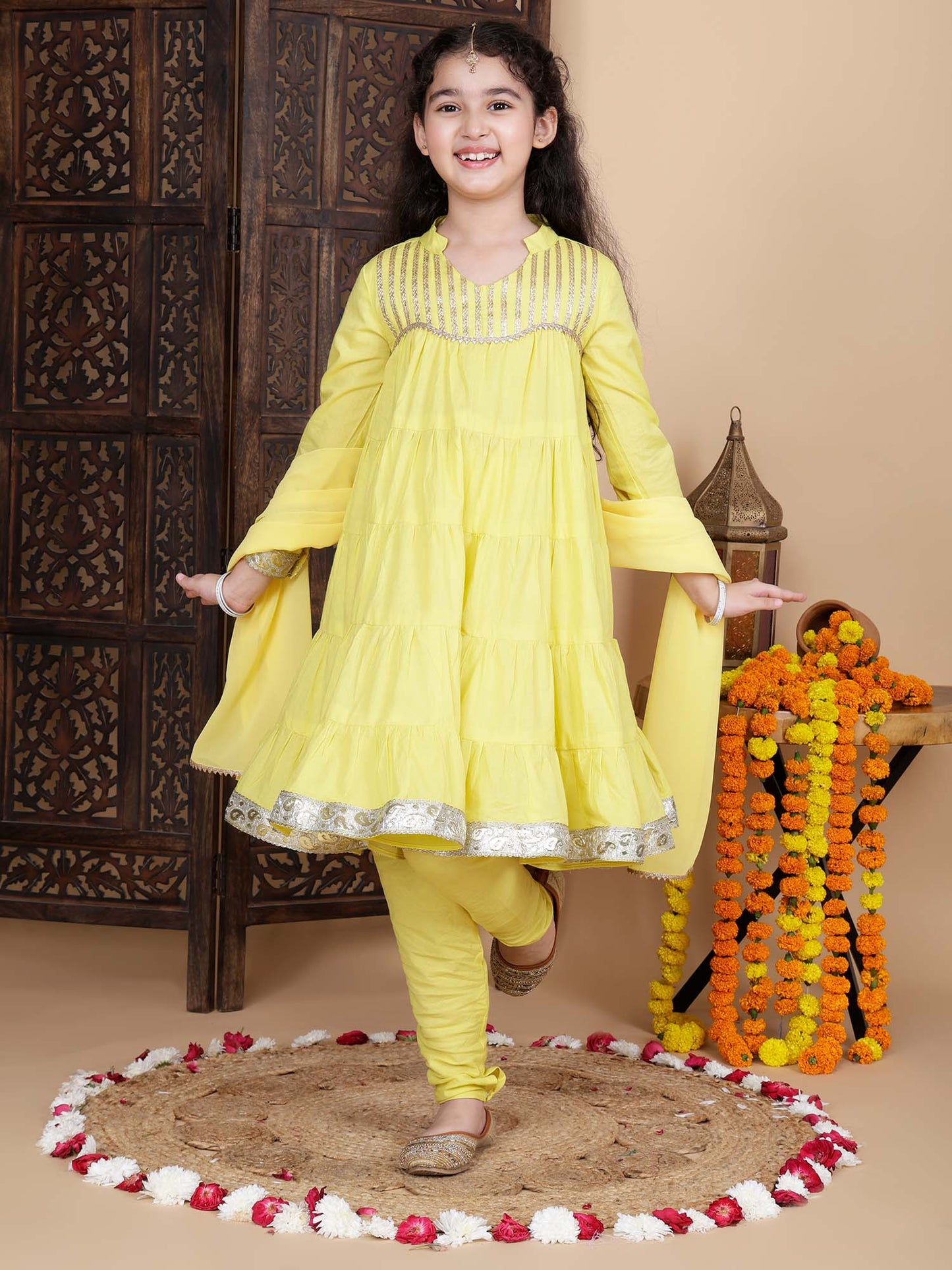 Kids Girls Festive Kurta and Churidar Set in Yellow