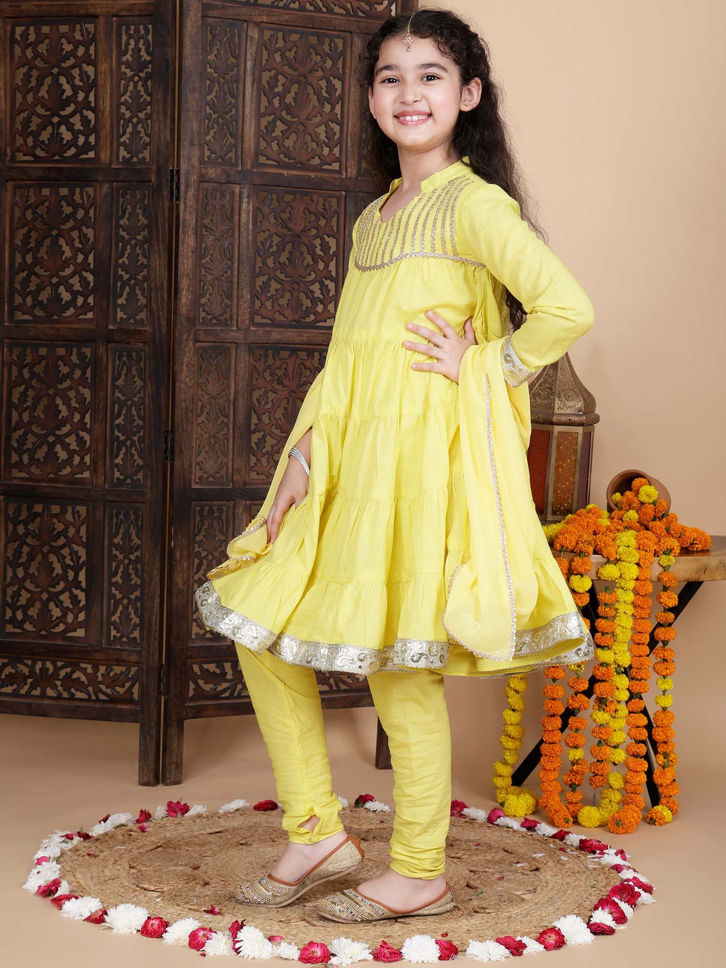 Kids Girls Festive Kurta and Churidar Set in Yellow