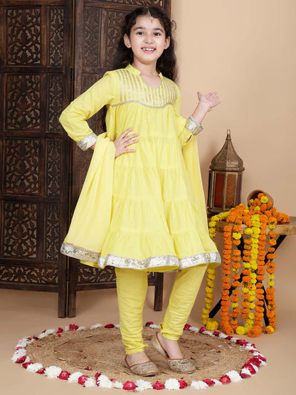 Kids Girls Festive Kurta and Churidar Set in Yellow