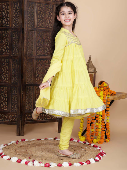 Kids Girls Festive Kurta and Churidar Set in Yellow