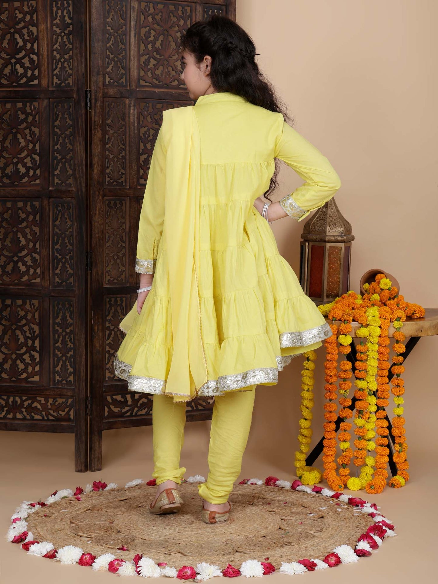 Kids Girls Festive Kurta and Churidar Set in Yellow