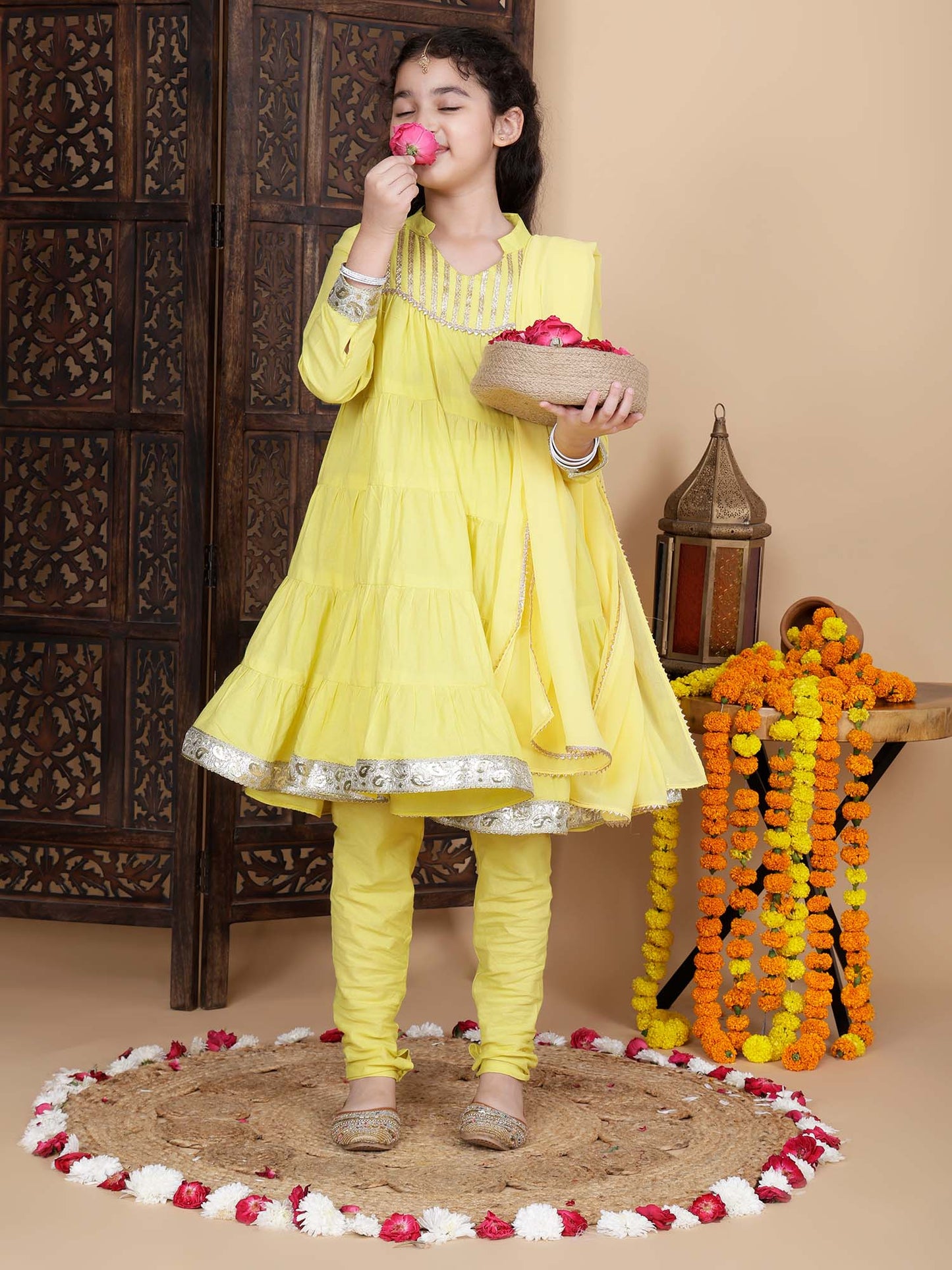 Kids Girls Festive Kurta and Churidar Set in Yellow