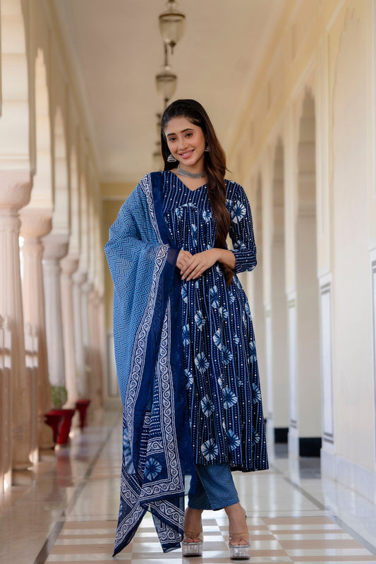 Anam Ethnic Set Women Indigo Printed Kurta and Pant Set With Dupatta