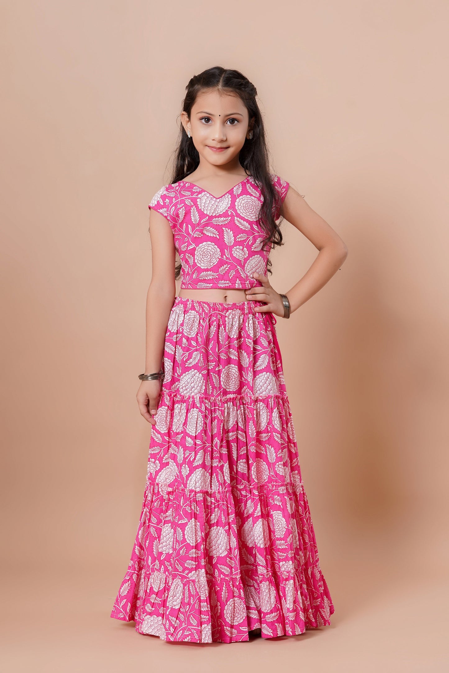 Girls Pink Floral Print Lehenga & Choli Set With Dupatta