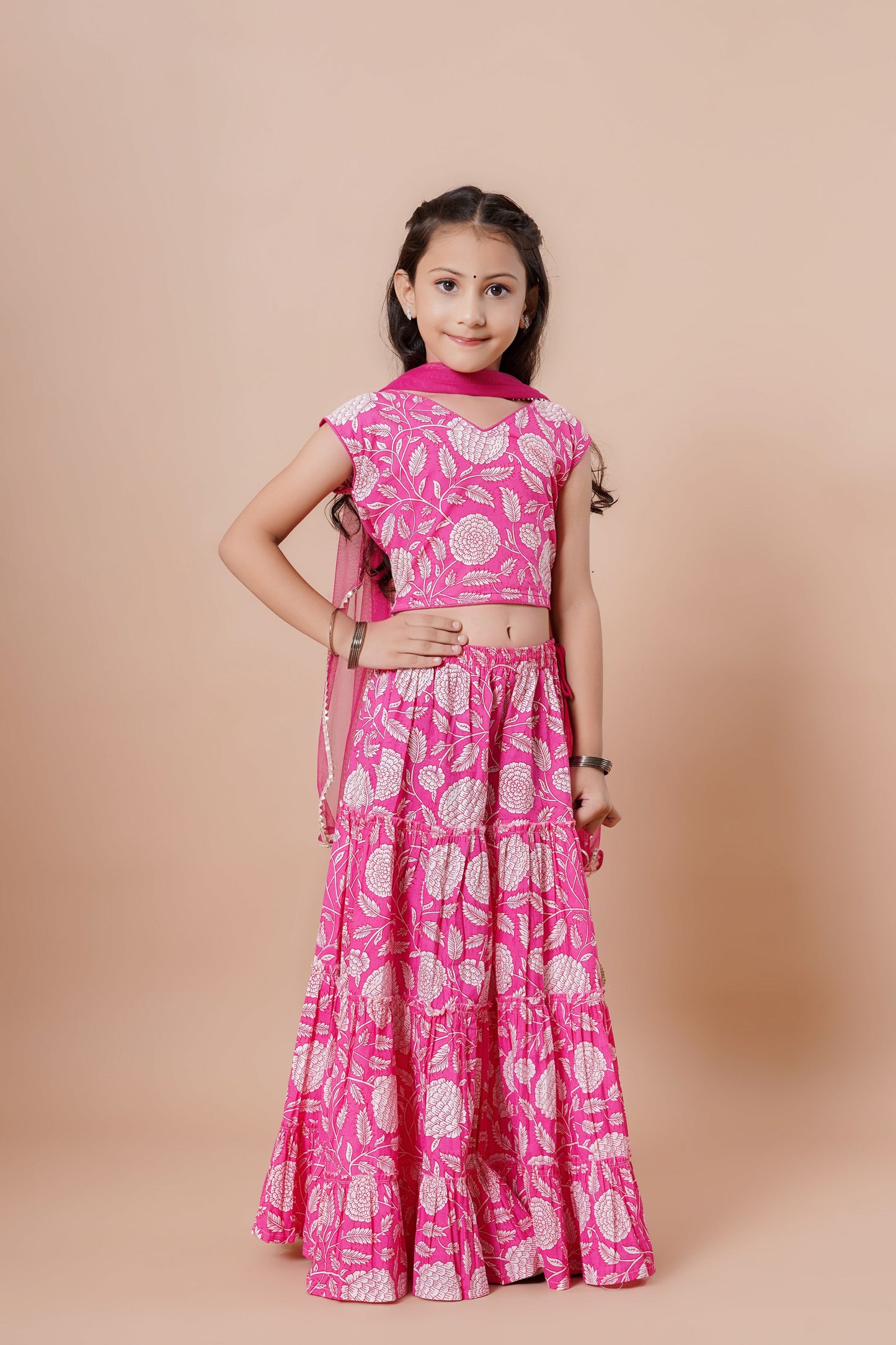 Girls Pink Floral Print Lehenga & Choli Set With Dupatta