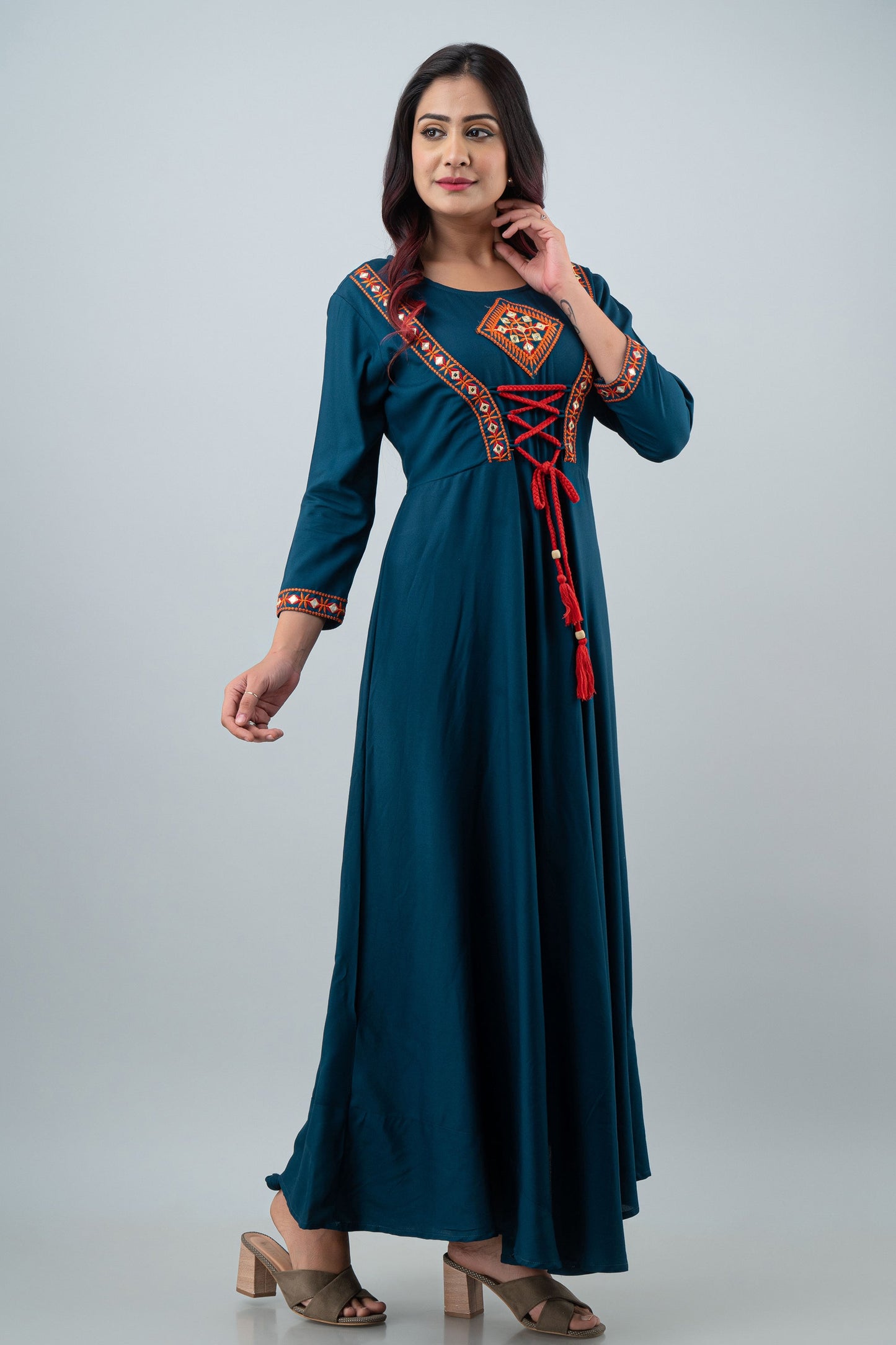 Anam jaipuri Teal Blue Embroidered Tie Up Flared Long Kurta