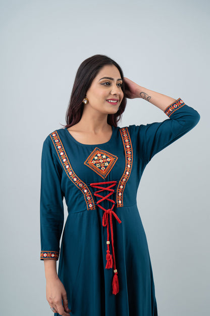 Anam jaipuri Teal Blue Embroidered Tie Up Flared Long Kurta