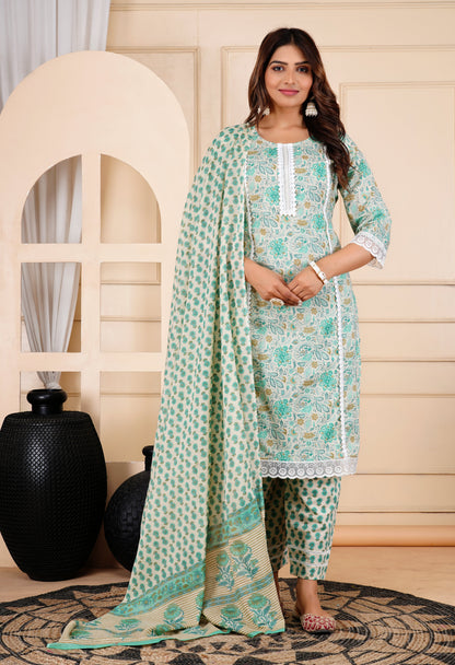 Anam jaipuri Pure Cotton Straight Kurta pant Dupatta Set