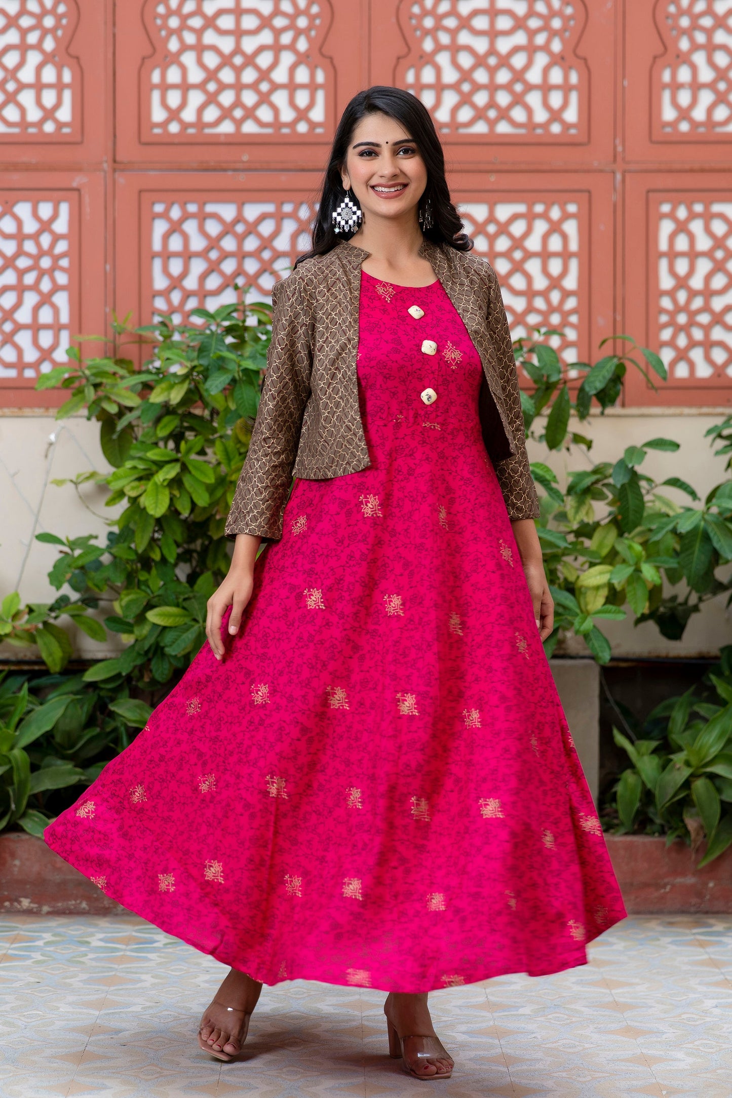 Anam jaipuri Gold Printed Designer Jacket Kurta In Pink