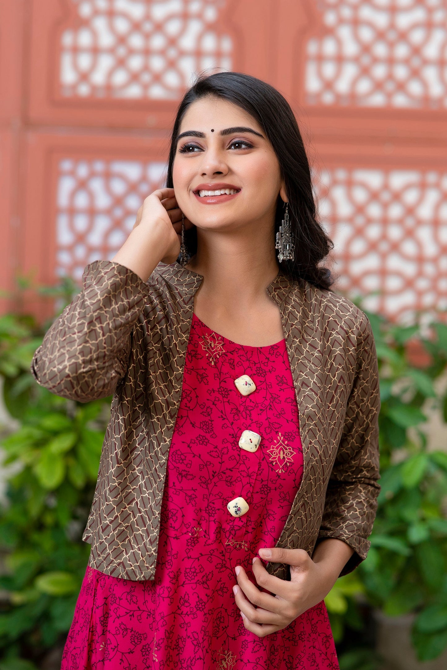 Anam jaipuri Gold Printed Designer Jacket Kurta In Pink