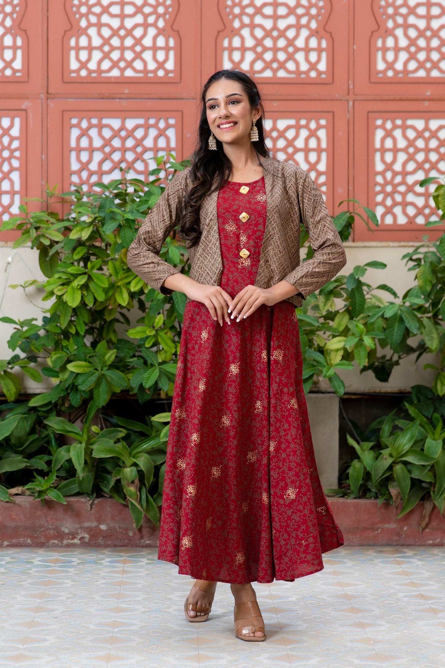 Anam jaipuri Gold Printed Designer Jacket Kurta In Maroon