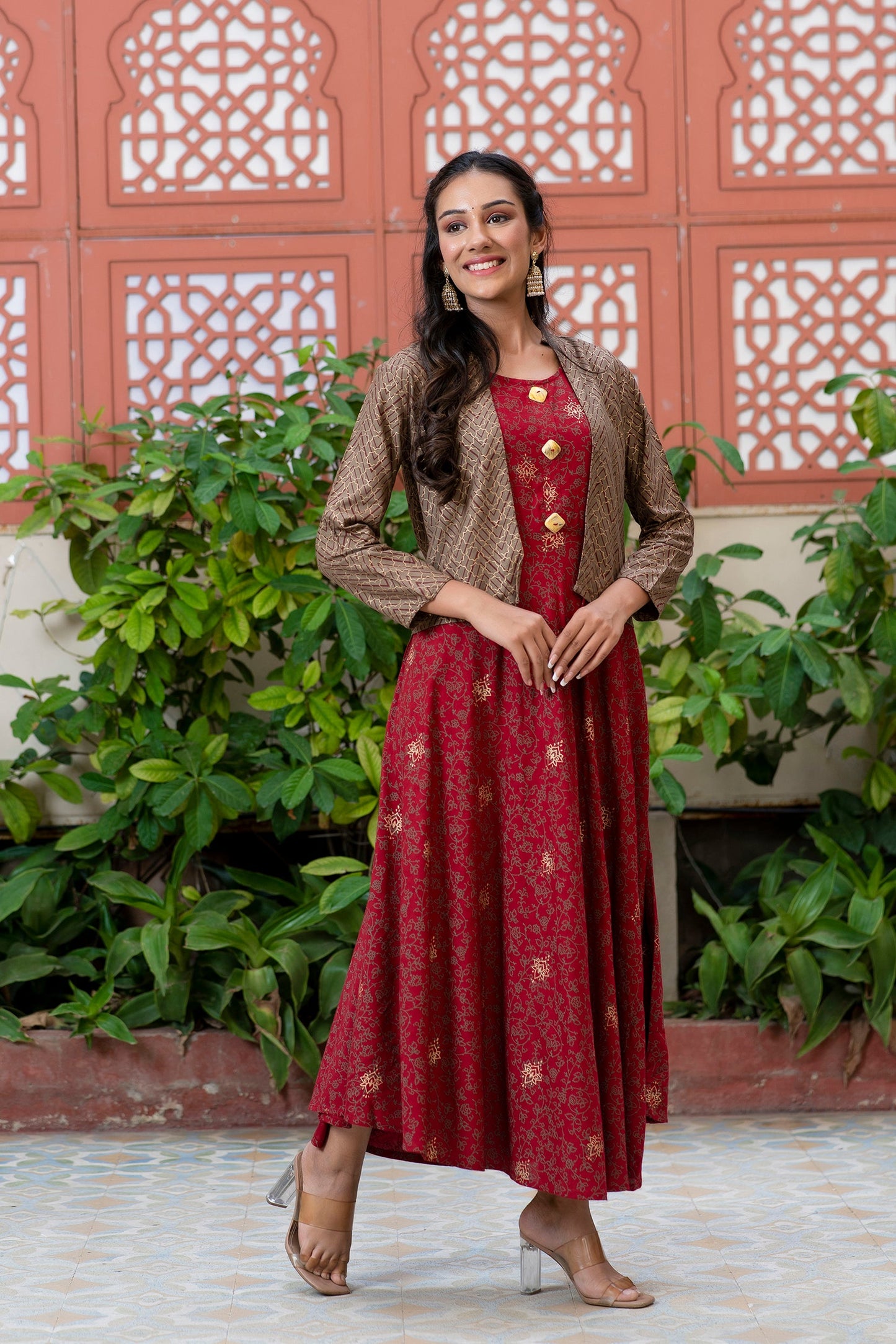 Anam jaipuri Gold Printed Designer Jacket Kurta In Maroon