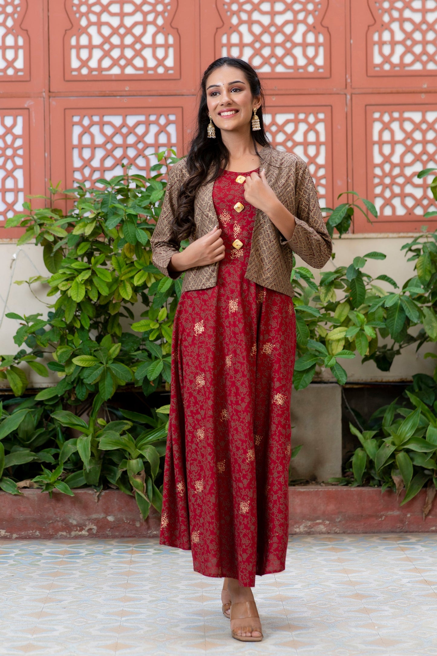 Anam jaipuri Gold Printed Designer Jacket Kurta In Maroon