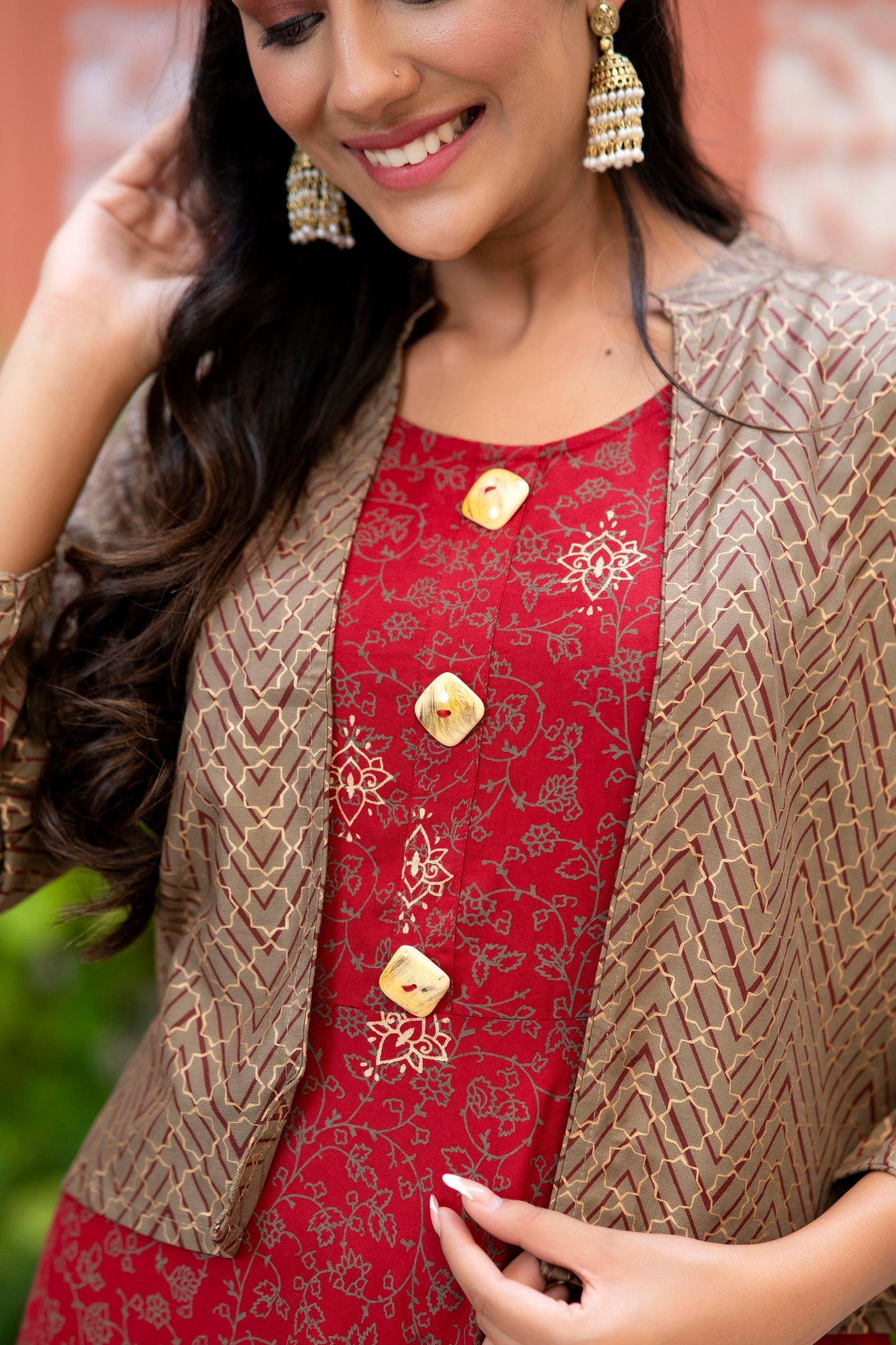 Anam jaipuri Gold Printed Designer Jacket Kurta In Maroon