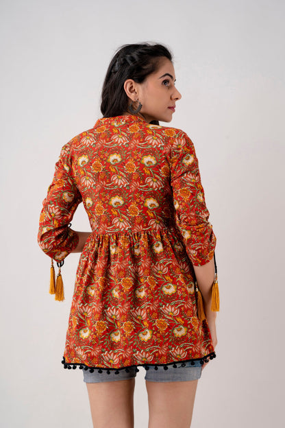 Anam jaipuri Red Floral Printed Tunic in Cotton