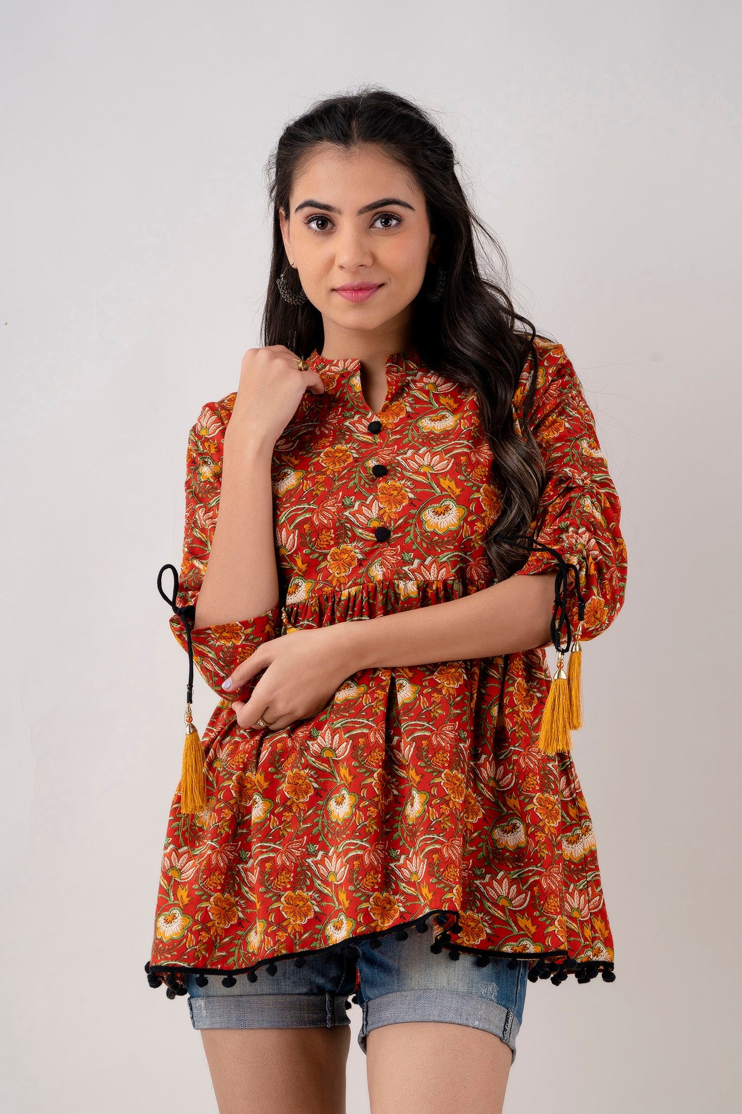 Anam jaipuri Red Floral Printed Tunic in Cotton