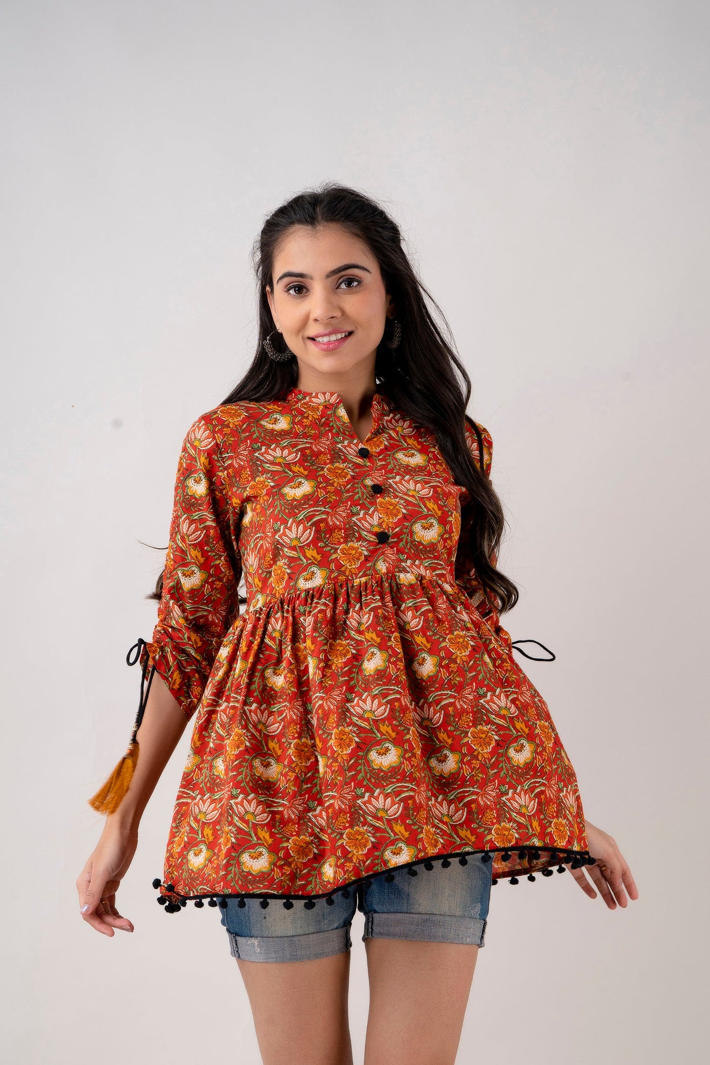 Anam jaipuri Red Floral Printed Tunic in Cotton