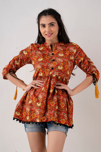 Anam jaipuri Red Floral Printed Tunic in Cotton