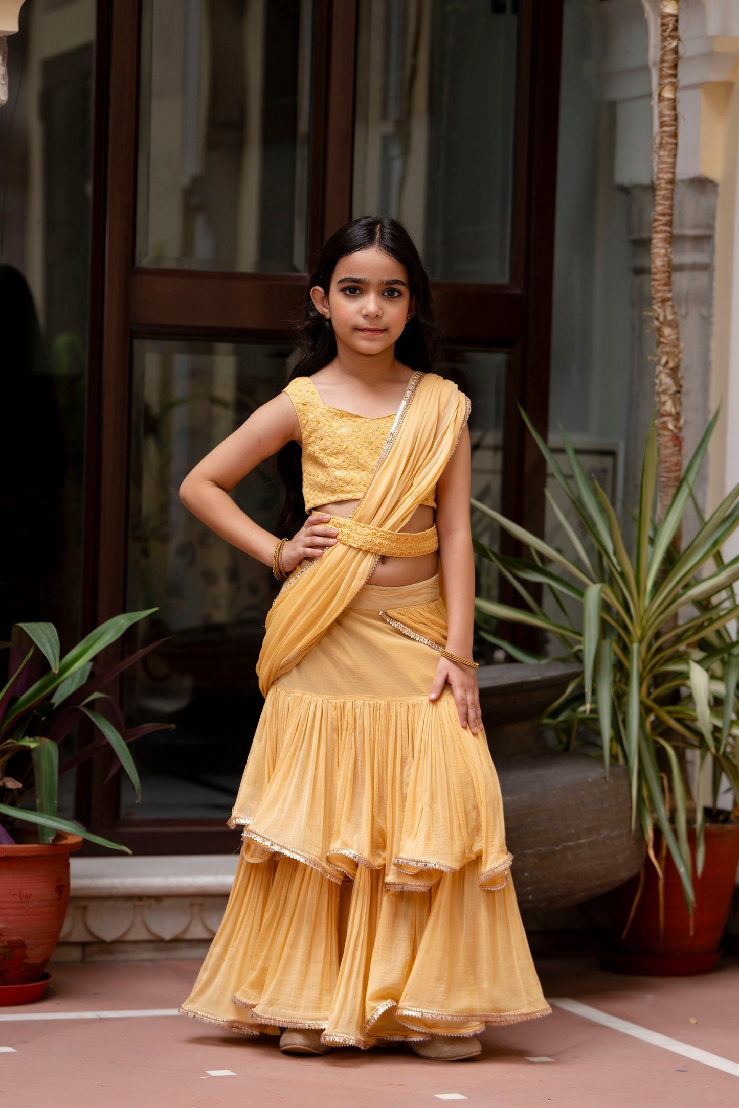 Girls Pre Draped Ready To Wear chiffon  Saree with sequence blouse