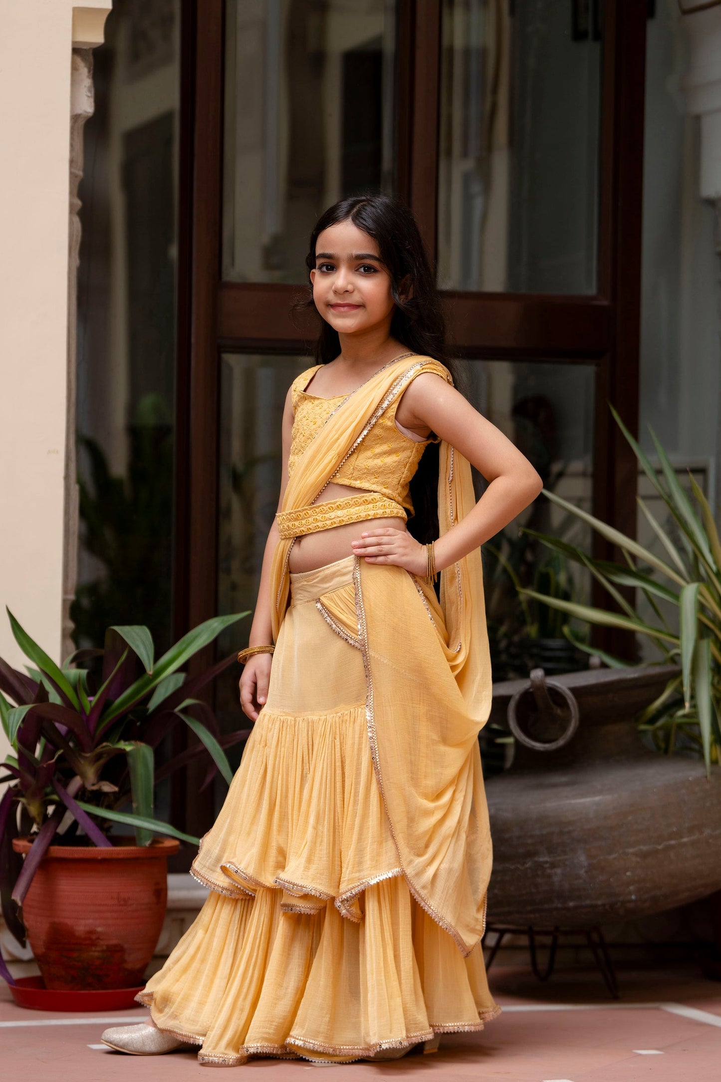 Girls Pre Draped Ready To Wear chiffon  Saree with sequence blouse