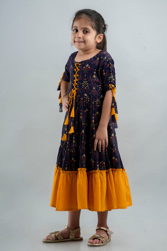 Anam jaipuri Girls Anarkali Kurta in Blue & Yellow