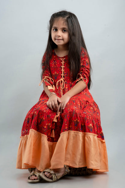 Anam jaipuri Girls Anarkali Kurta in Red & Pink