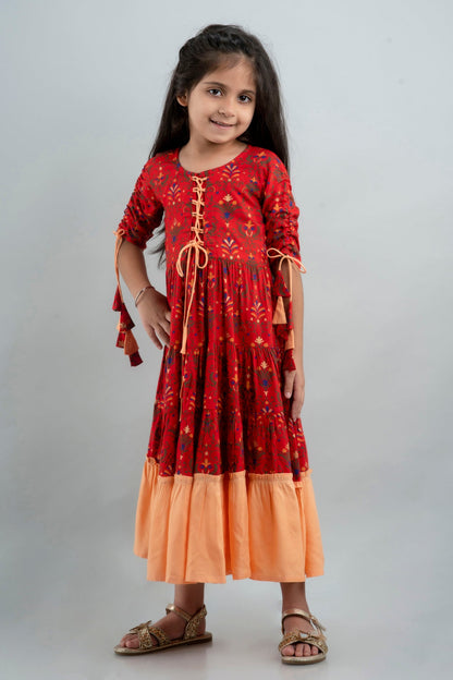 Anam jaipuri Girls Anarkali Kurta in Red & Pink