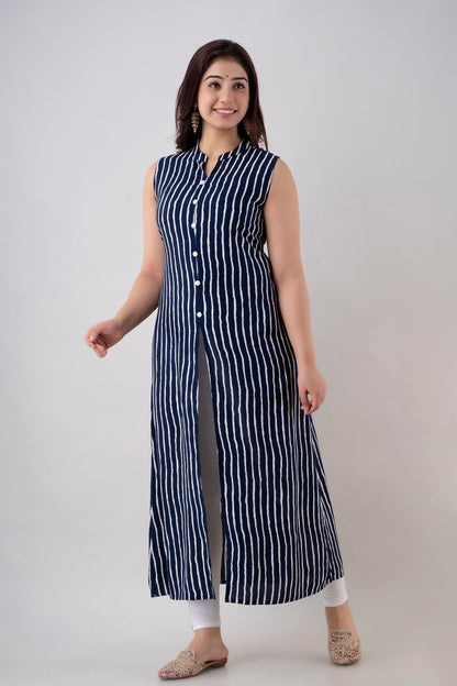 Anam jaipuri Stripe Print Front slit Kurti in Blue