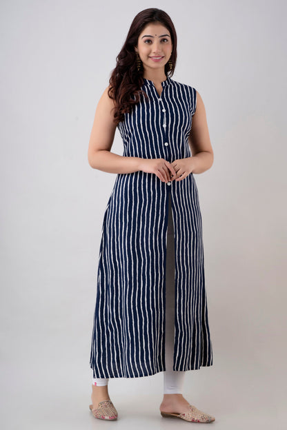 Anam jaipuri Stripe Print Front slit Kurti in Blue