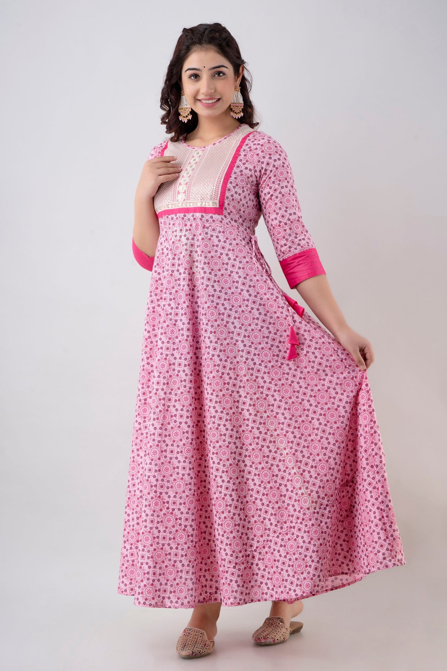 Anam jaipuri Tie Up Pink Embroidered Flared Party & Wedding Wear Long Kurta